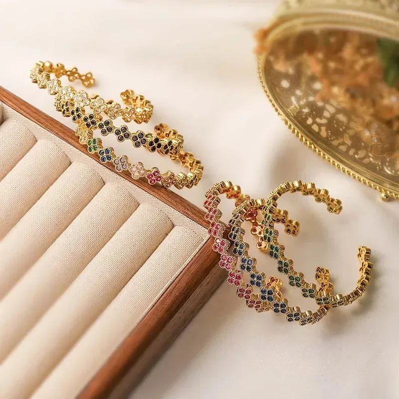 Gold Zirconia Flower Cuff Bracelet made by Victoria Emerson