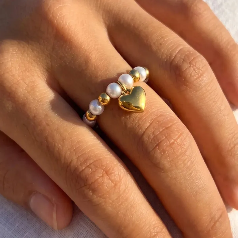 Two-Tone Pearl Heart Stretch Ring made by Victoria Emerson