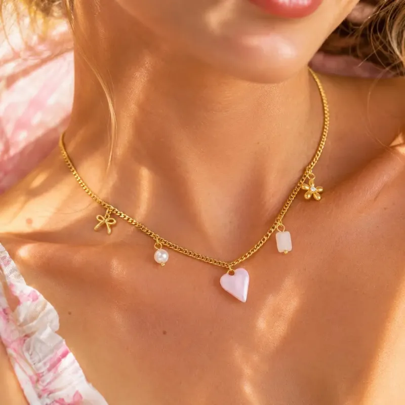 Gold Pink Heart Pendant Necklace made by Victoria Emerson