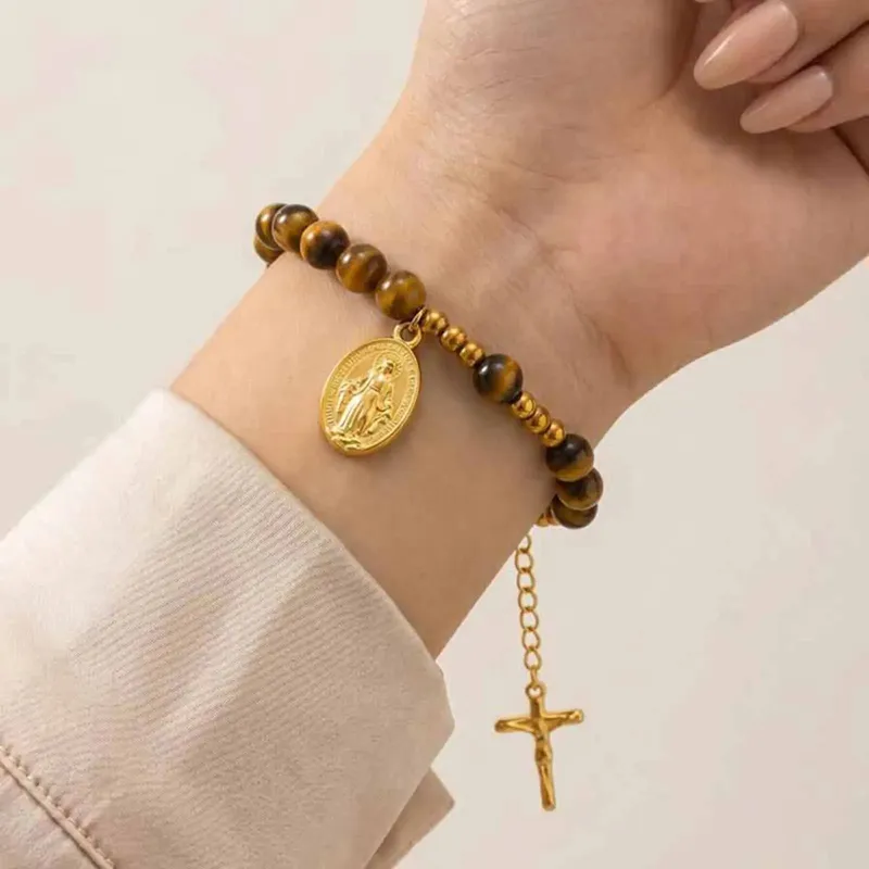 Tiger Eye Rosary Cross Bracelet made by Victoria Emerson