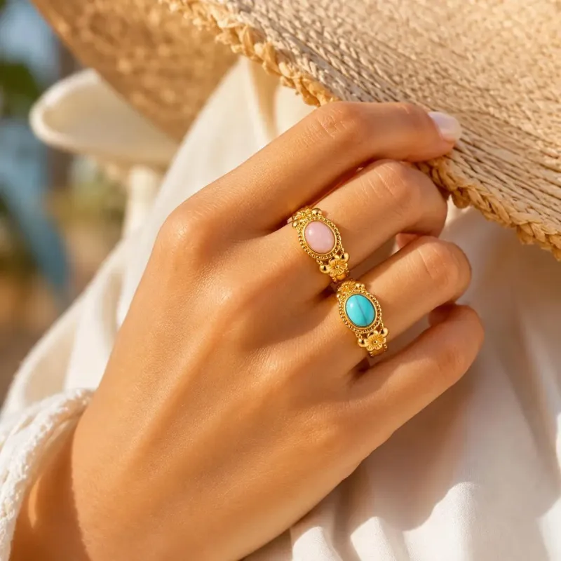 Turquoise & Rose Quartz Floral Ring made by Victoria Emerson