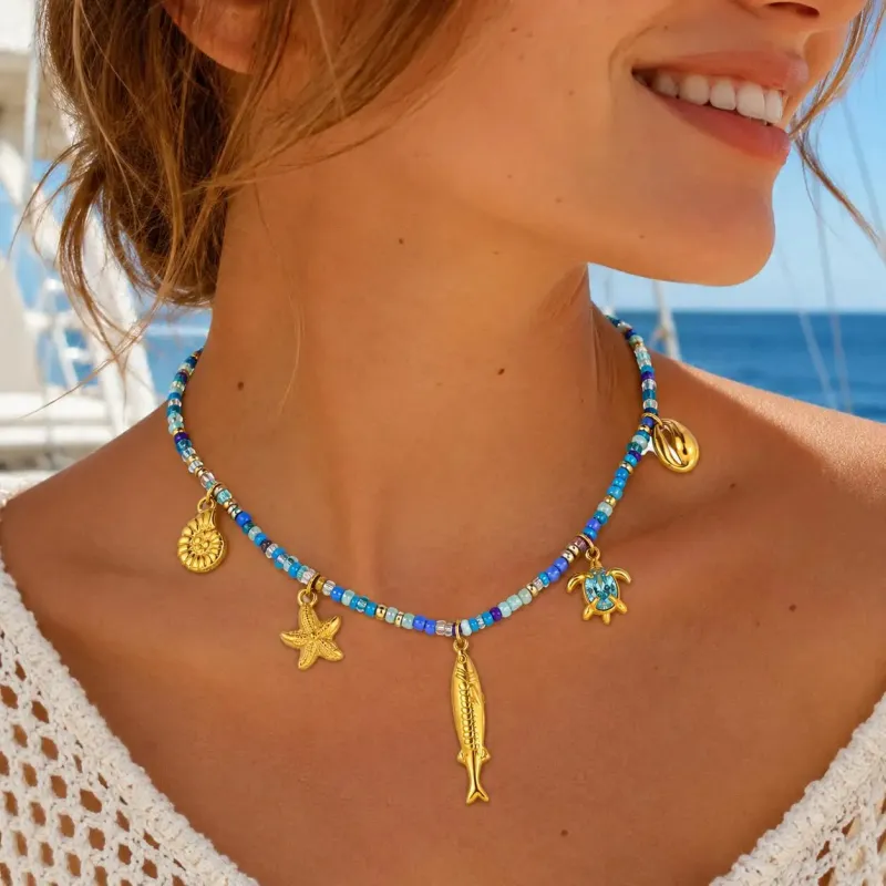 Seed Bead Ocean Charm Necklace made by Victoria Emerson