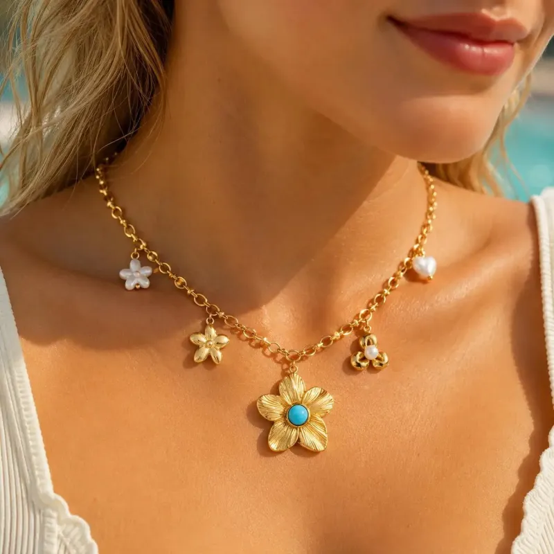 Turquoise & Pearl Floral Pendant Necklace made by Victoria Emerson