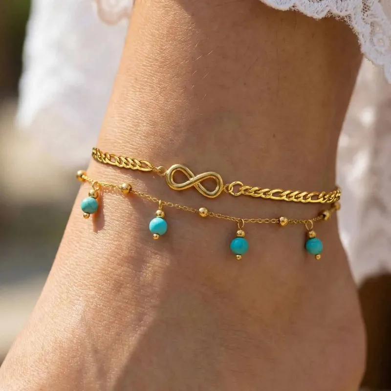 Turquoise Layered Boho Anklet made by Victoria Emerson