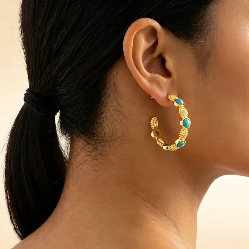 Turquoise Stone Hoop Earrings made by Victoria Emerson