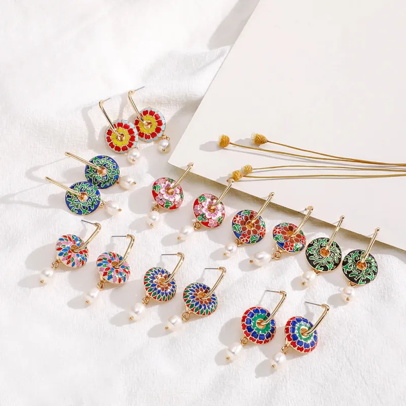 Boho Enamel Flower Huggie Drop Earrings made by Victoria Emerson