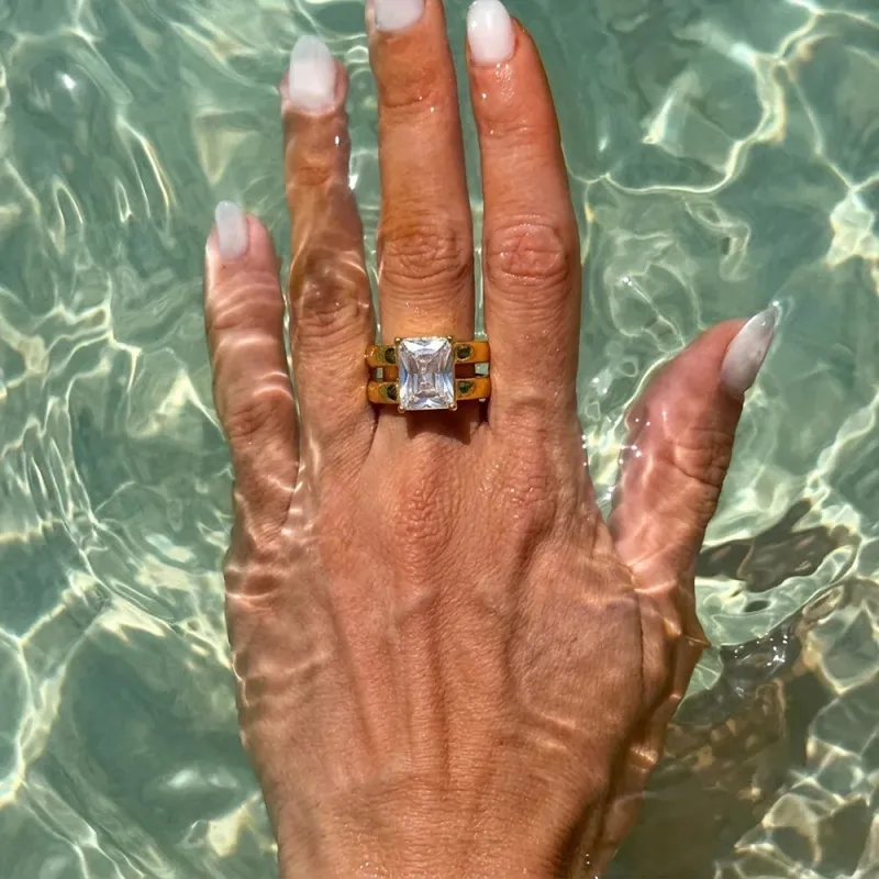 Rectangle Zircon Hollow Chunky Ring made by Victoria Emerson