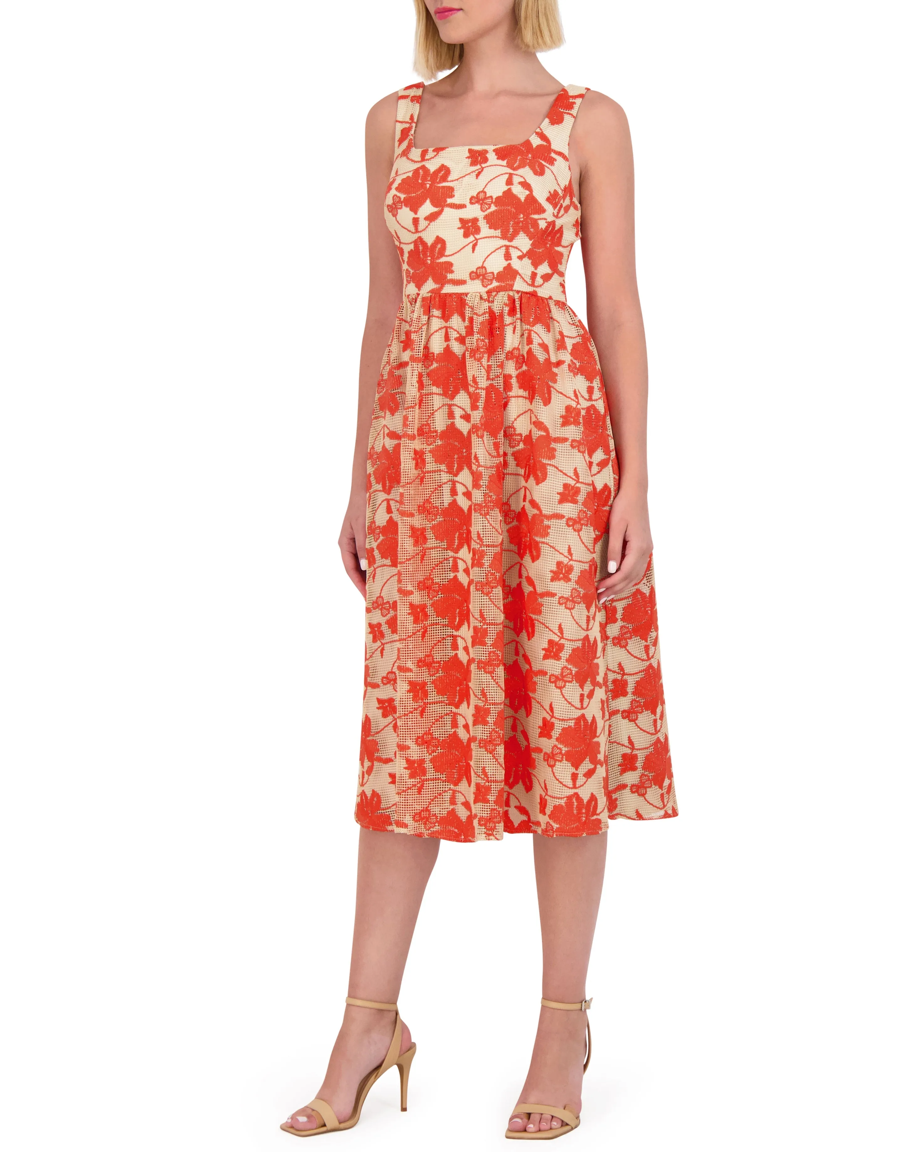 Embroidered-Mesh Square-Neck Midi Dress sold by Vince Camuto
