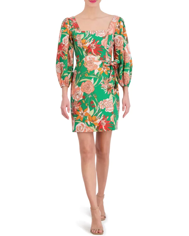 Floral-Print Smocked Geo-Neck Dress sold by Vince Camuto