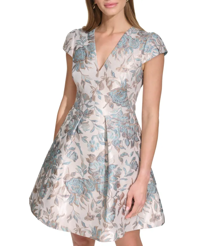 Floral Jacquard V-Neck Cap-Sleeve Dress sold by Vince Camuto