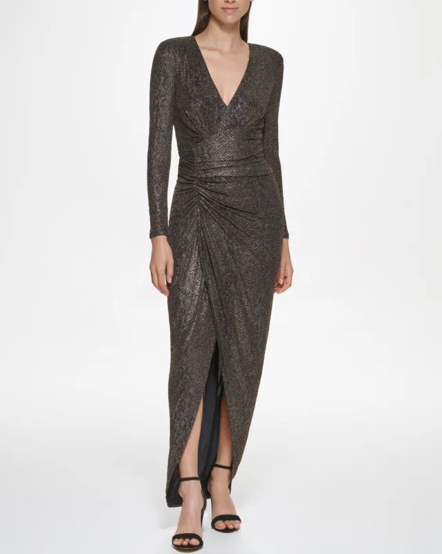 Petite Ruched Metallic V-Neck Gown made by Vince Camuto