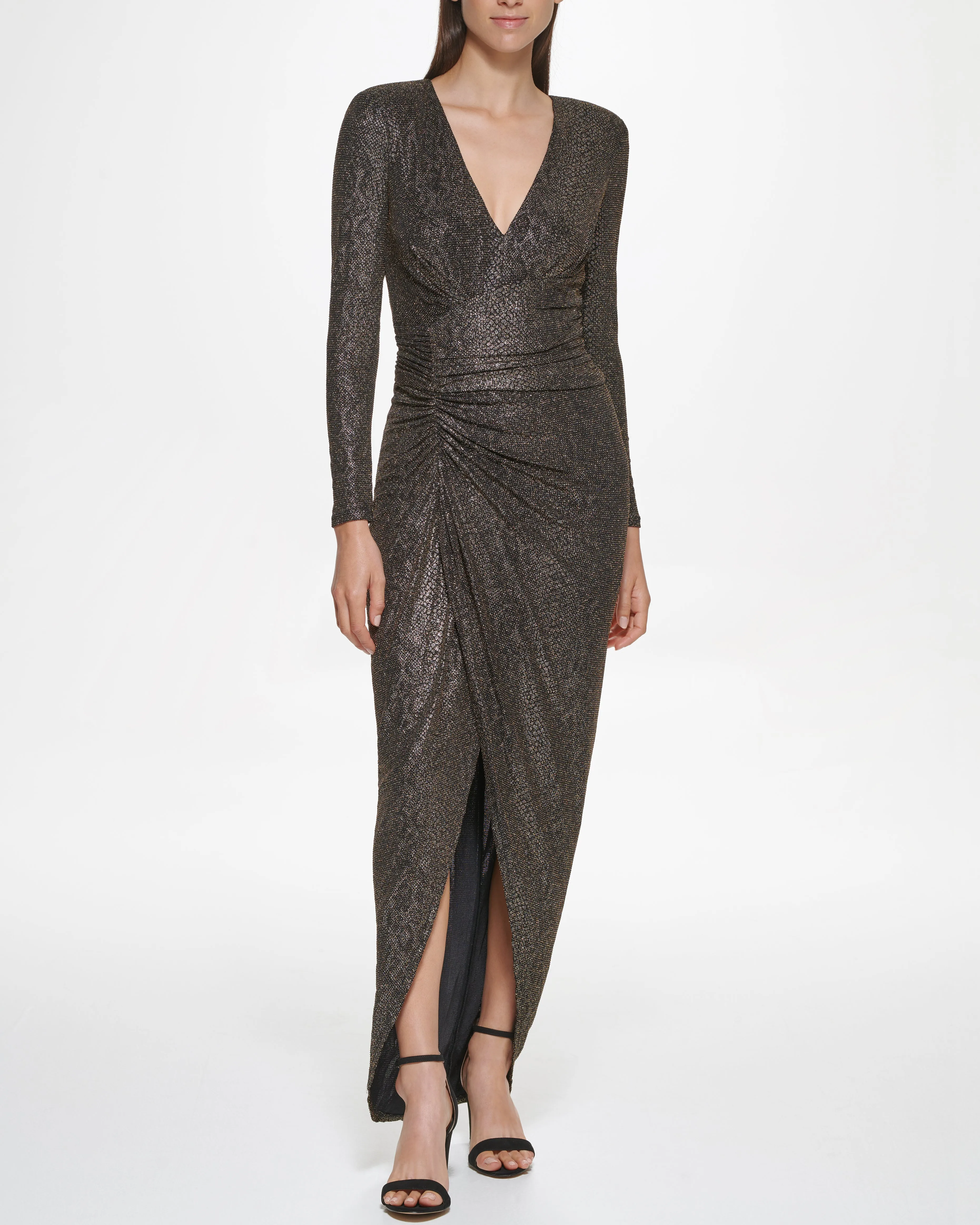 Petite Ruched Metallic V-Neck Gown sold by Vince Camuto