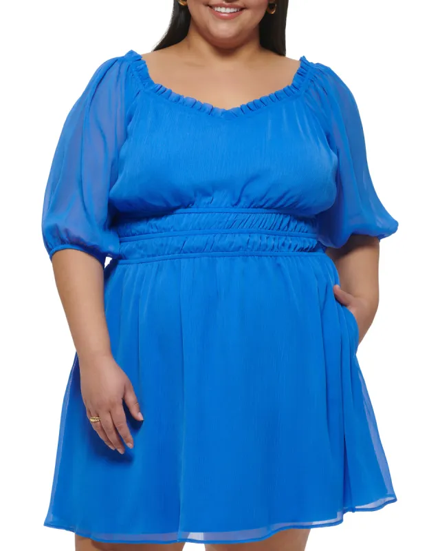 Plus-Size Chiffon Ruffled-Neckline Fit-And-Flare Dress sold by Vince Camuto