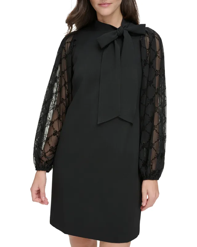 Petite Flocked Sheer-Sleeve Bow-Detail Dress sold by Vince Camuto