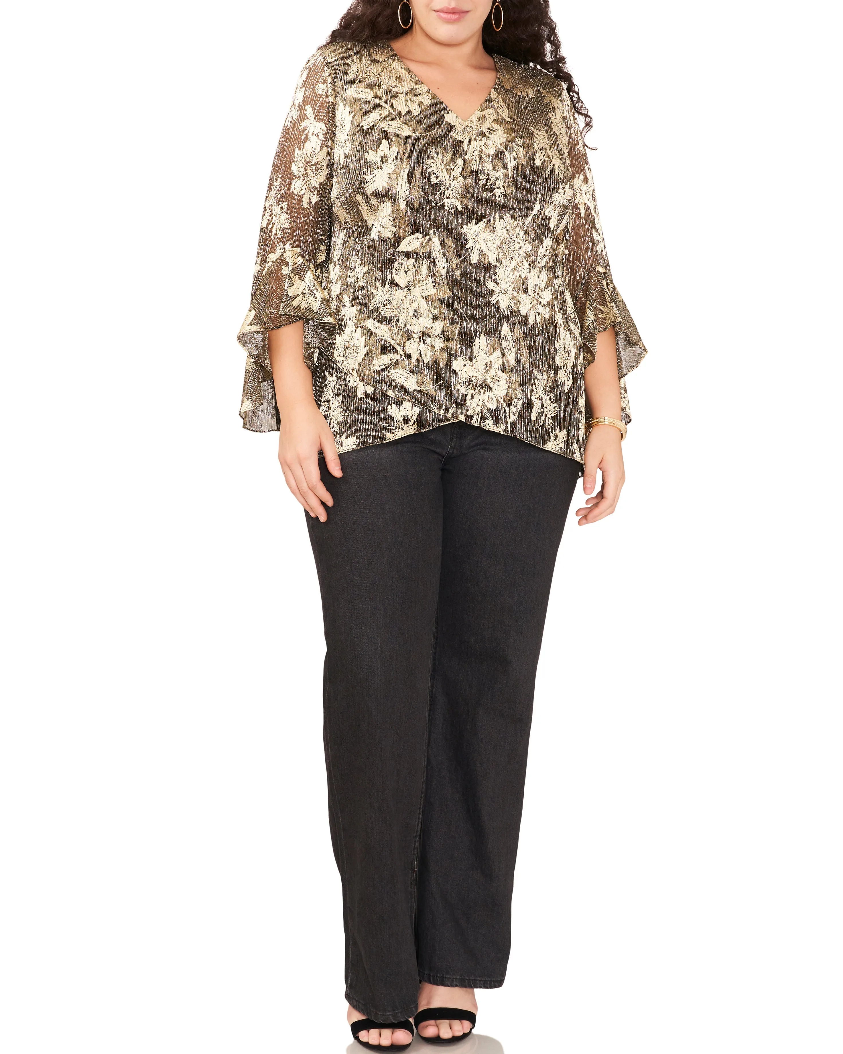 Plus-Size Floral Print Pleated Metallic Blouse sold by Vince Camuto