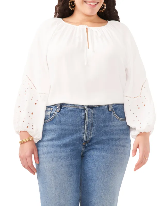 Plus-Size Embroidered-Sleeve Split Neck Blouse sold by Vince Camuto