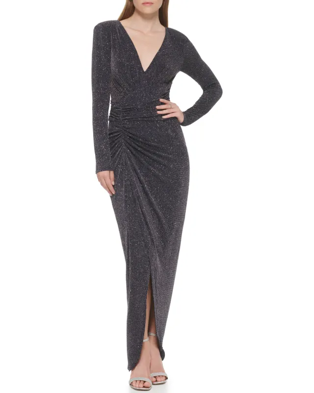 Petite Metallic-Glitter V-Neck Gown sold by Vince Camuto