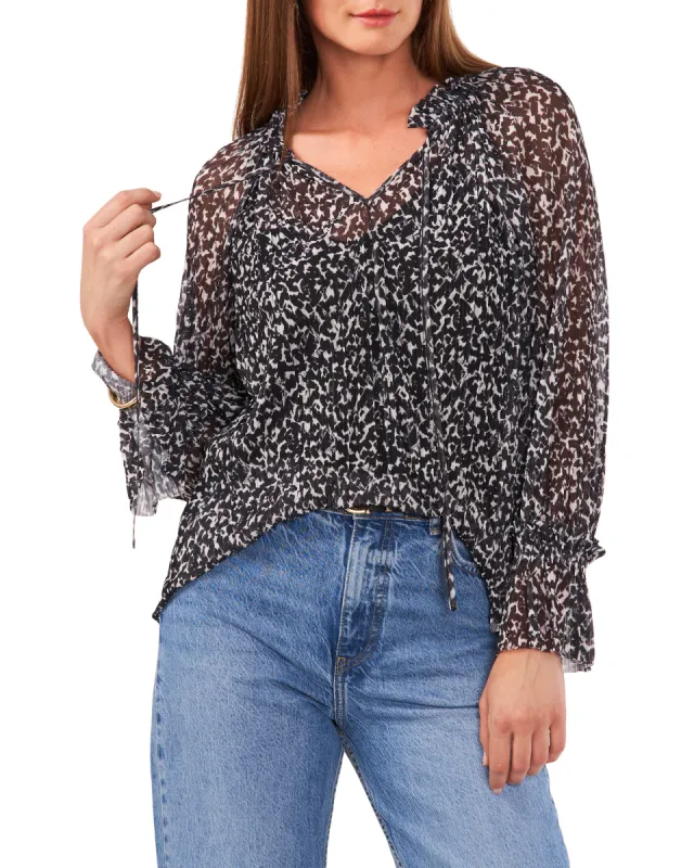 Printed Pleated Peasant Top sold by Vince Camuto