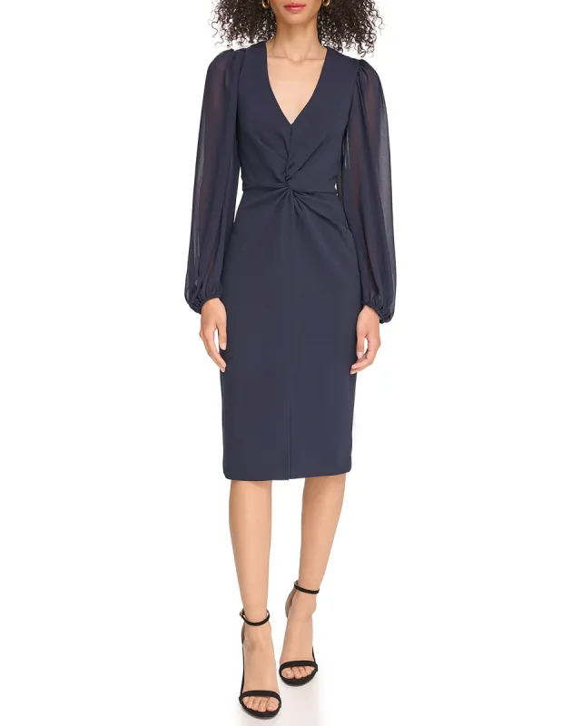 Twist-Front Chiffon-Sleeve Midi Dress sold by Vince Camuto