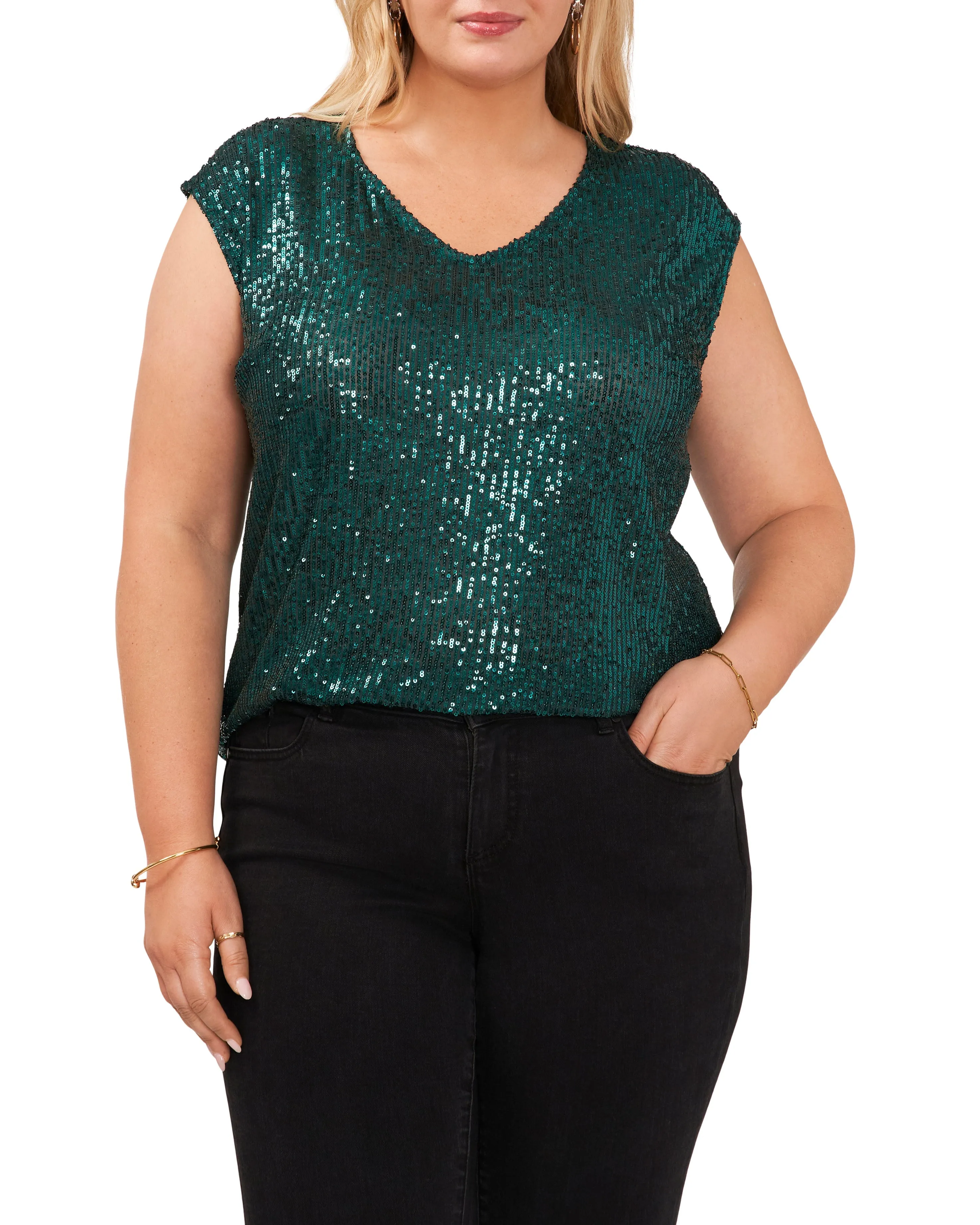 Plus-Size Sequined V-Neck Top sold by Vince Camuto