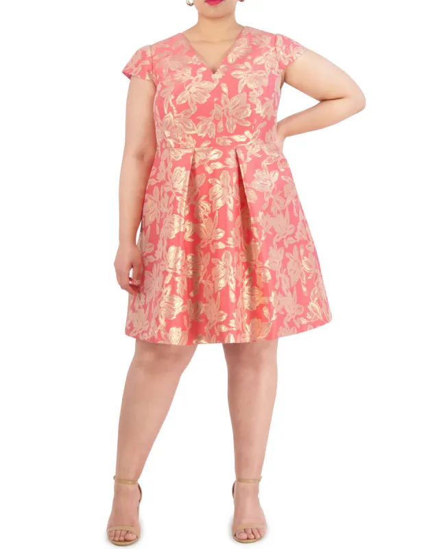 Plus-Size Floral-Jacquard Pleated V-Neck Dress sold by Vince Camuto