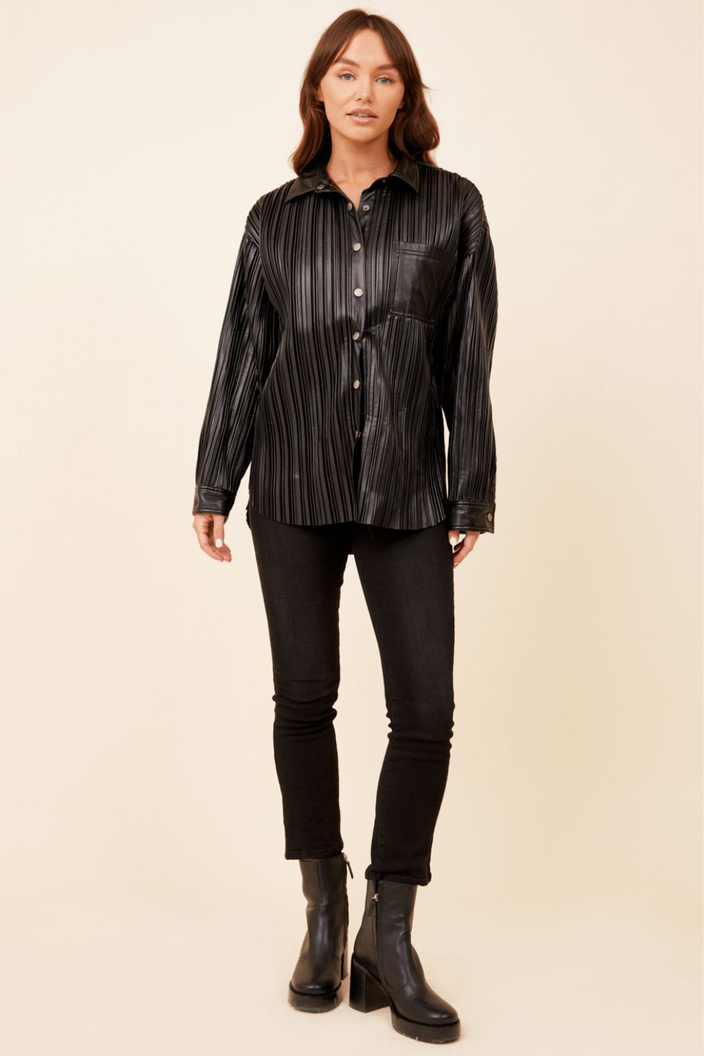 Black Pleated Faux Leather w/ Gunmetal Trim Jacket sold by Vintage Havana product image thumbnail 3