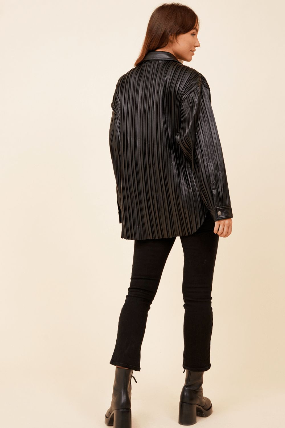 Black Pleated Faux Leather w/ Gunmetal Trim Jacket sold by Vintage Havana product image thumbnail 4