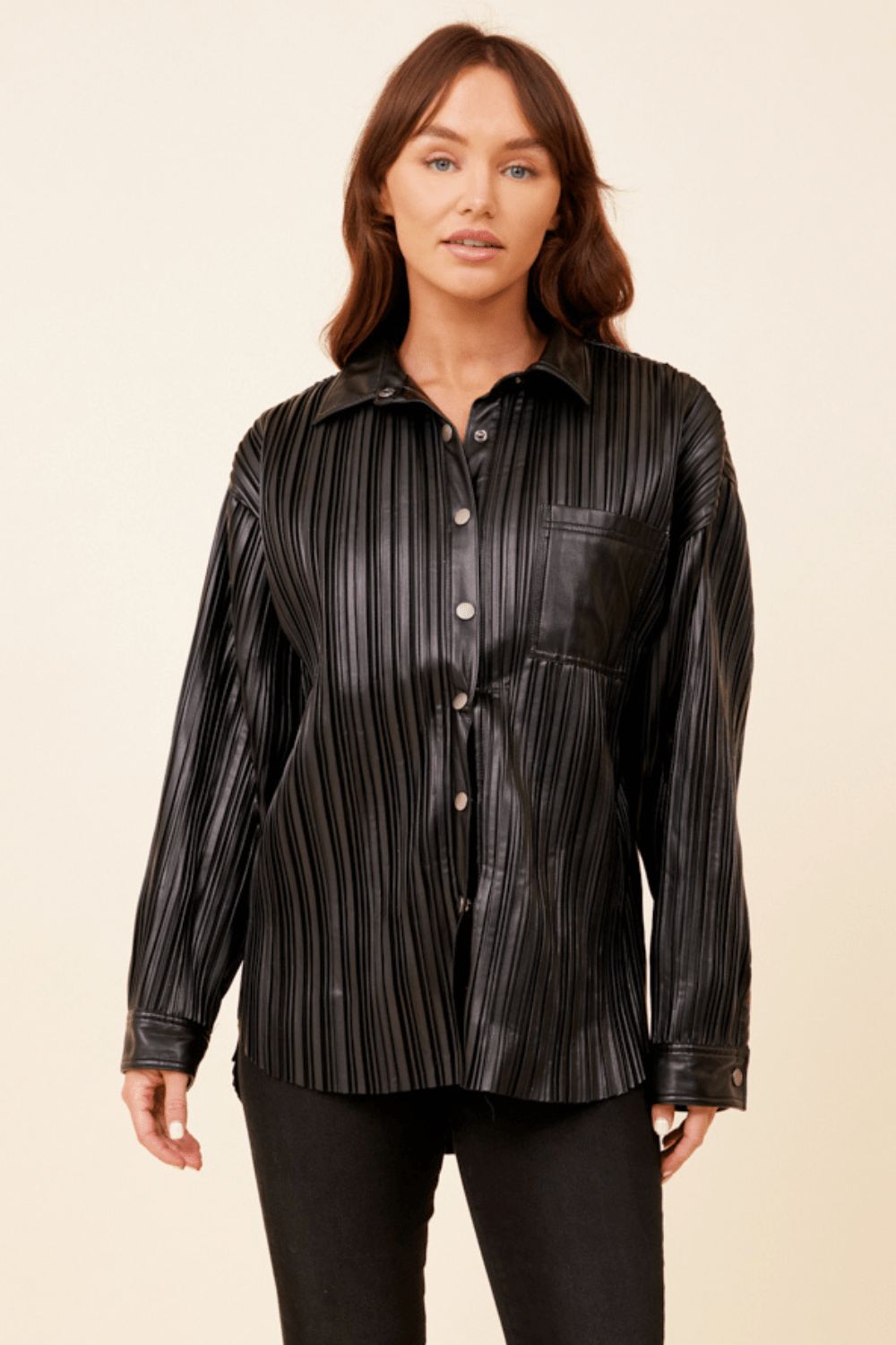 Black Pleated Faux Leather w/ Gunmetal Trim Jacket sold by Vintage Havana