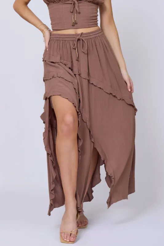 Washed Mocha Rayon Crinkle Ruffle Maxi Skirt sold by Vintage Havana