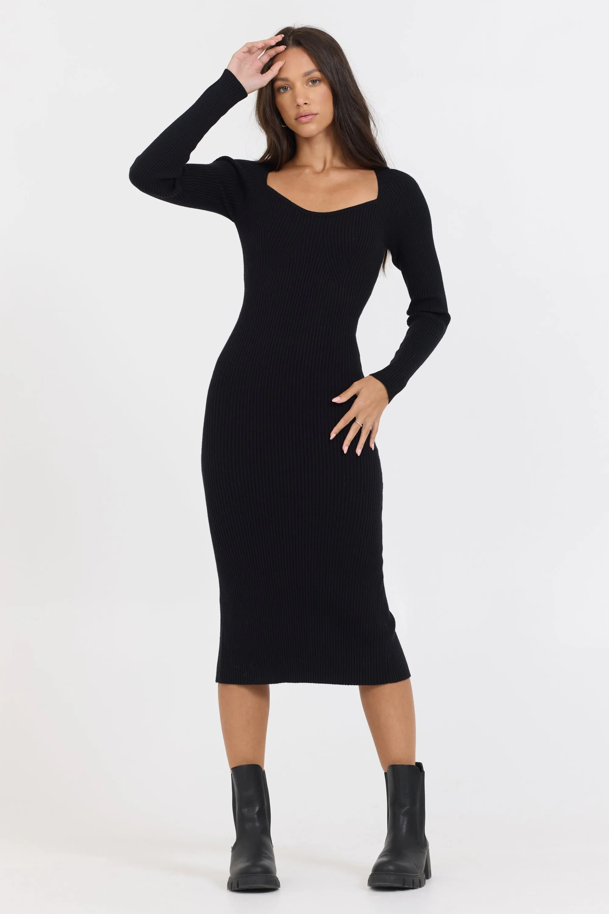 Black Fitted Rib Knit Midi Dress sold by Vintage Havana