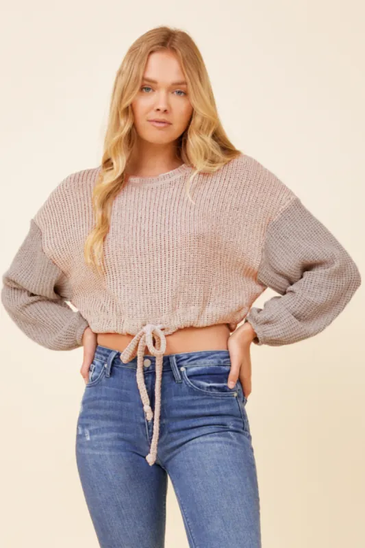 Light Grey w/ Mauve Tie Front Color Block Sweater sold by Vintage Havana