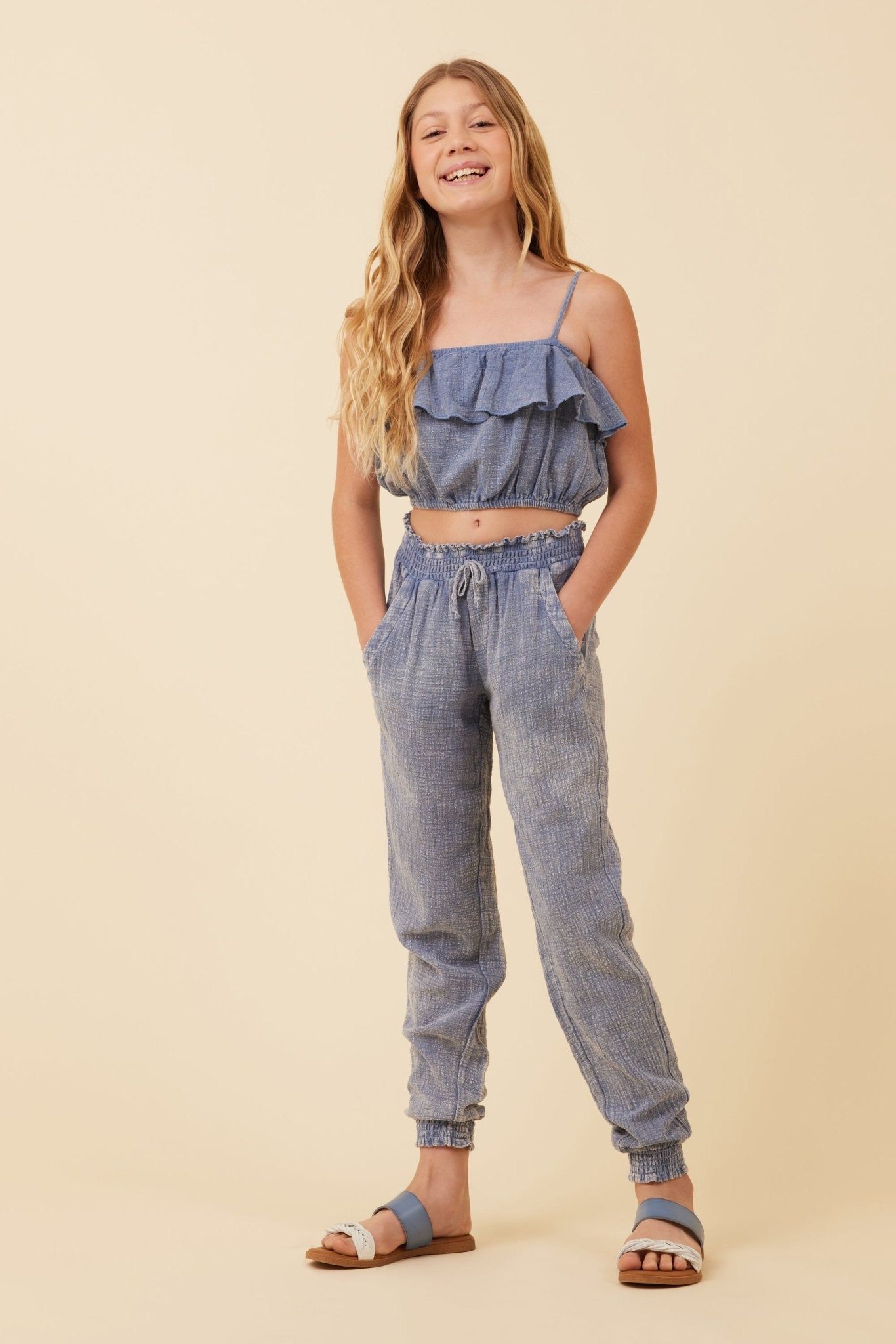 Blue Washed Texture Smocked Waist Jogger sold by Vintage Havana product image thumbnail 3