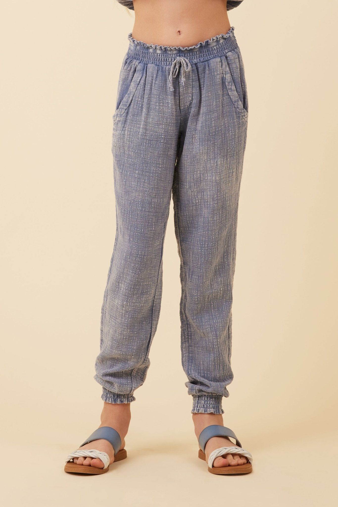 Blue Washed Texture Smocked Waist Jogger sold by Vintage Havana