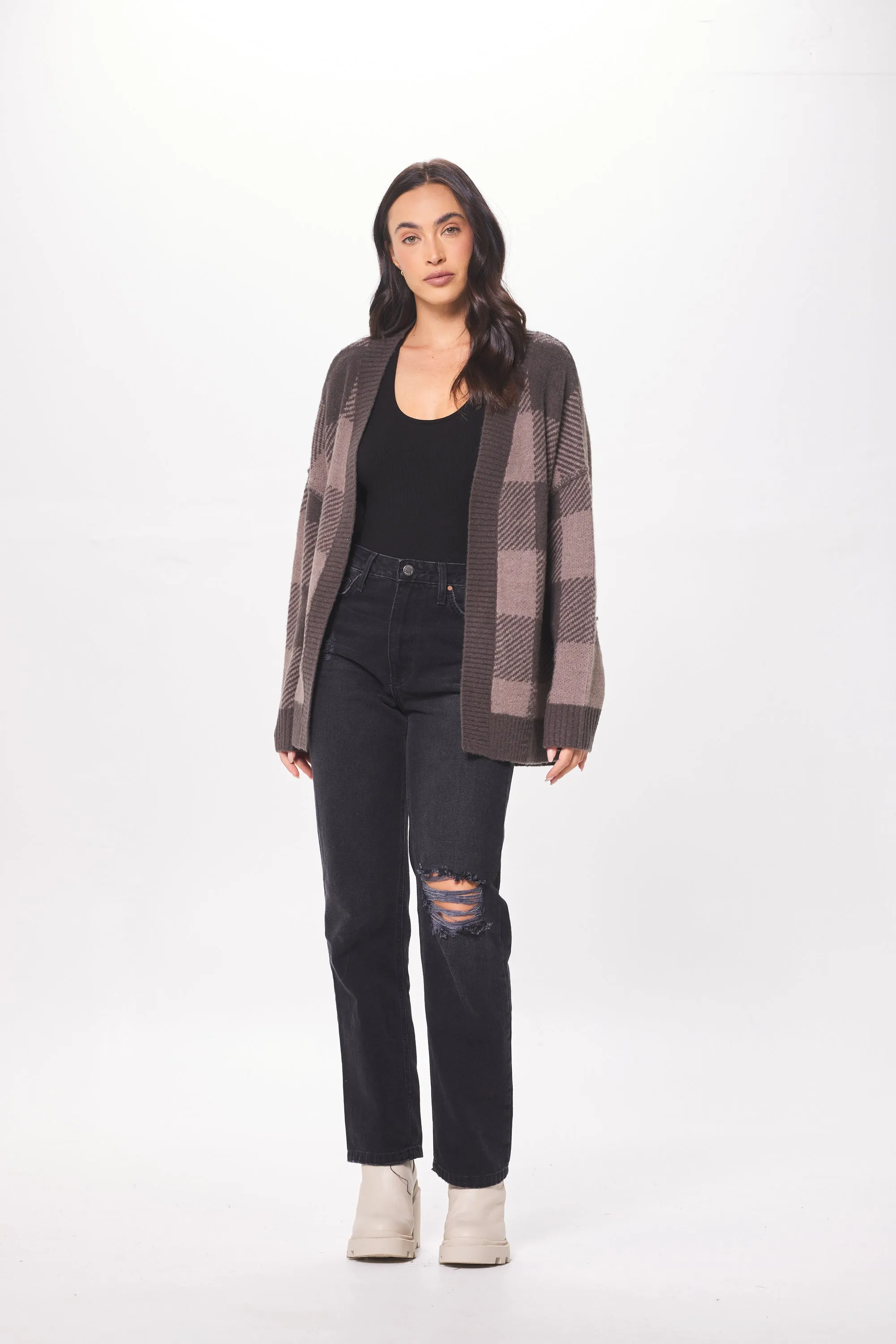 Taupe Checker Plaid Soft Knit Cardigan sold by Vintage Havana product image thumbnail 3