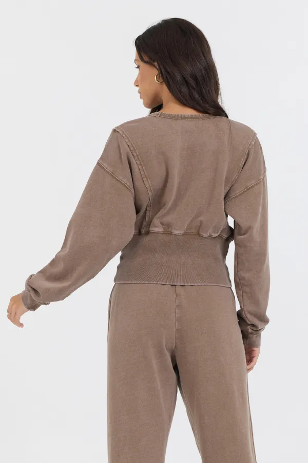 Washed Mocha Garment Dye French Terry Corset Crew sold by Vintage Havana product image thumbnail 2