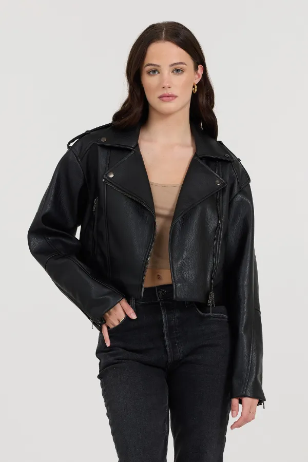 Black Leather Moto Jacket sold by Vintage Havana