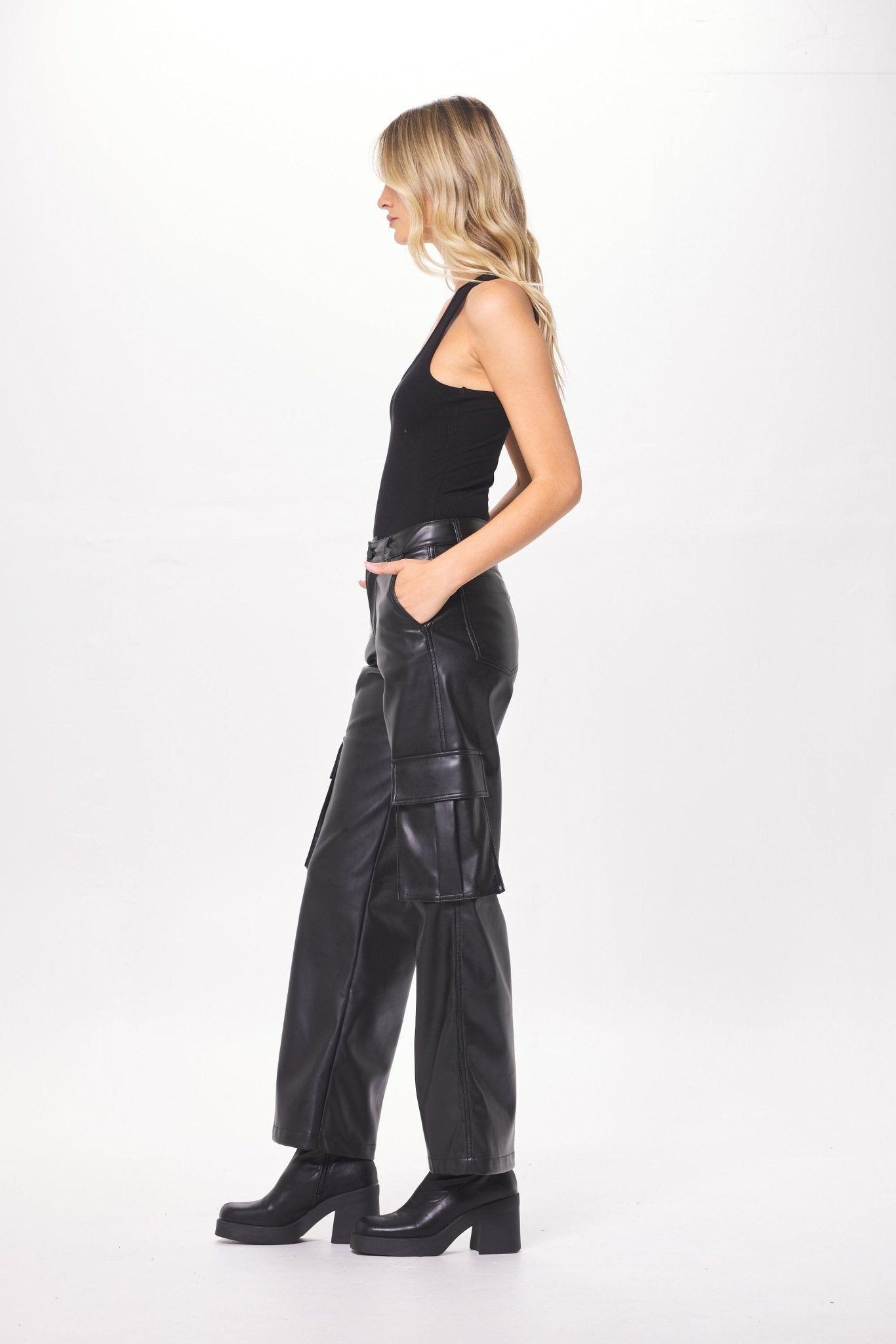 Black Faux Leather Cargo Pant sold by Vintage Havana product image thumbnail 5