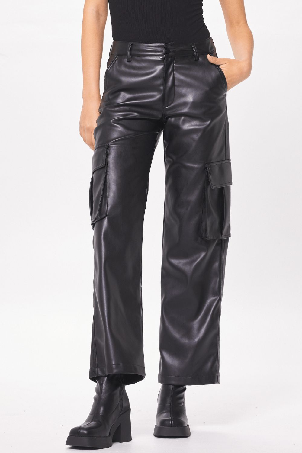 Black Faux Leather Cargo Pant sold by Vintage Havana