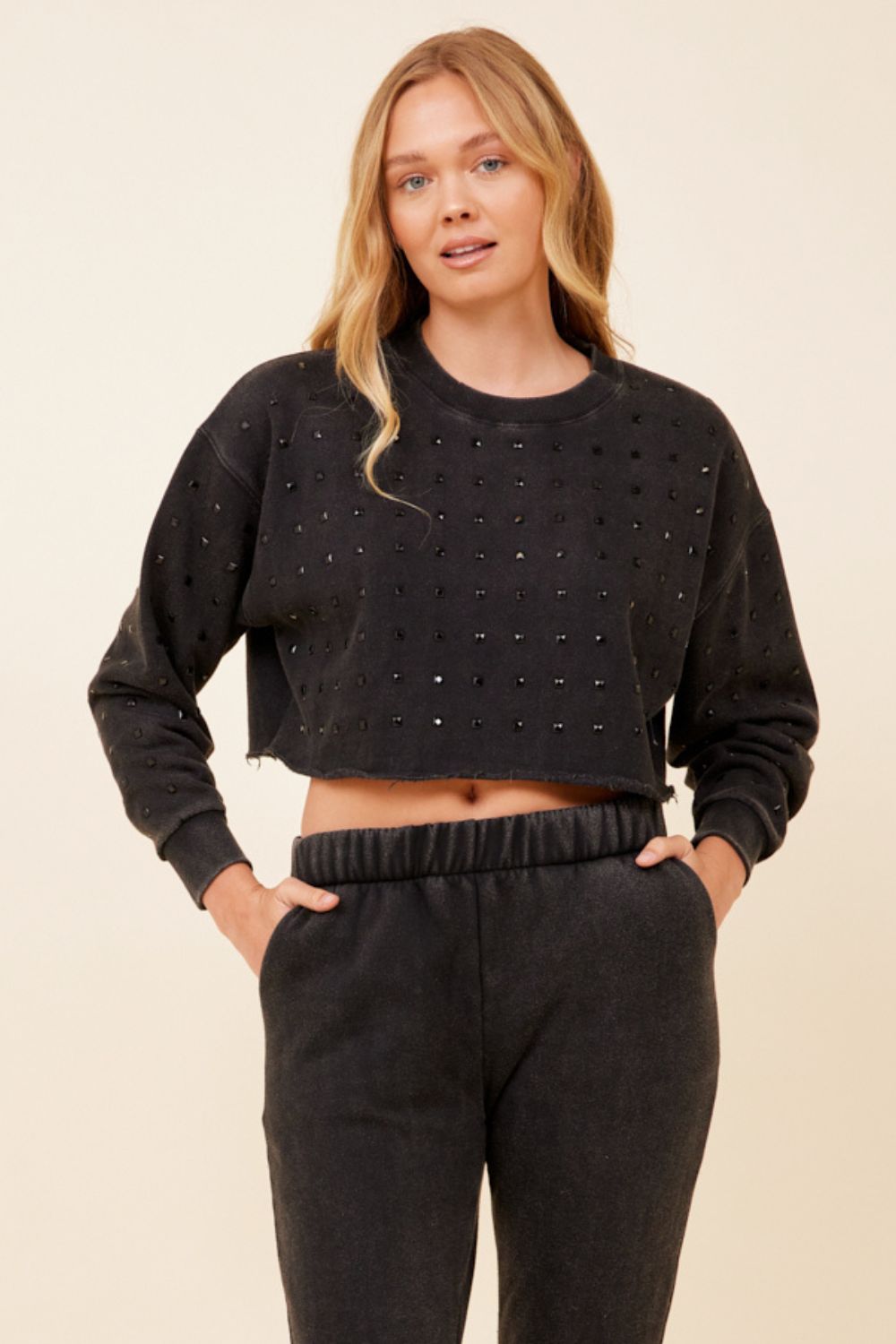 Washed Black Rhinestone Detail Cropped Crewneck sold by Vintage Havana