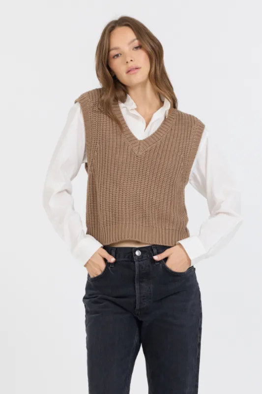 Toffee W/ White Twofer Cropped Sweater Vest sold by Vintage Havana