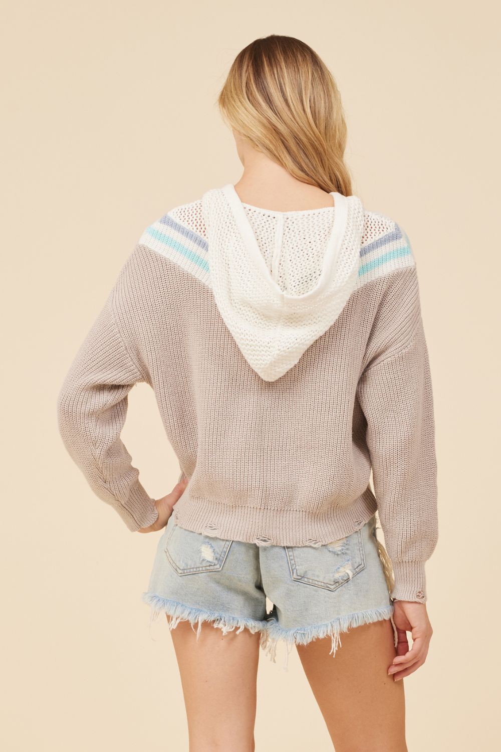 Taupe White Blue Combo Hooded Sweater W/ Varsity Stripe sold by Vintage Havana product image thumbnail 2