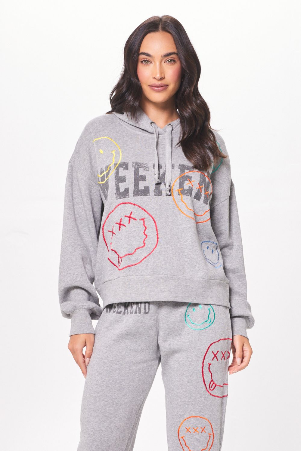 Heather Grey Burnout Fleece Hoodie w/ Smiley Embroidery sold by Vintage Havana
