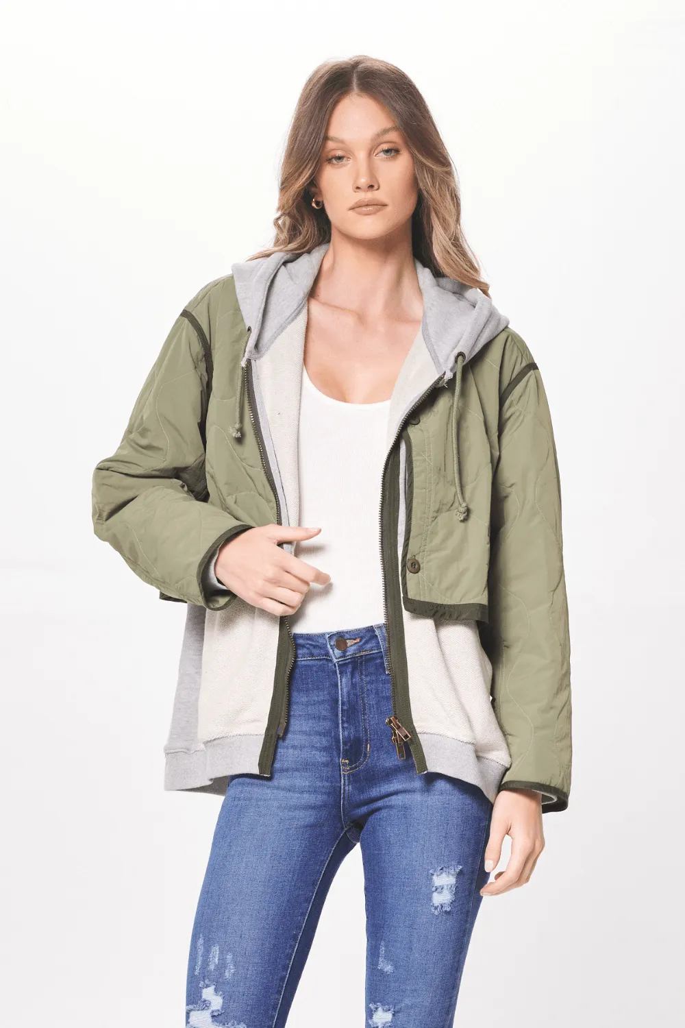 Heather Grey & Olive Combo Layered Jacket sold by Vintage Havana