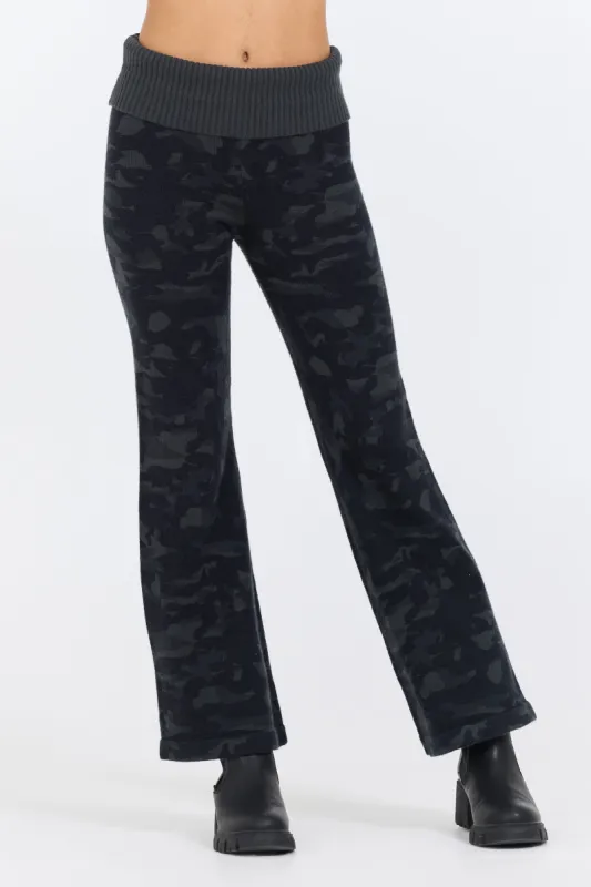 Black Slim Fit Knit Fold Over Flare Pant sold by Vintage Havana