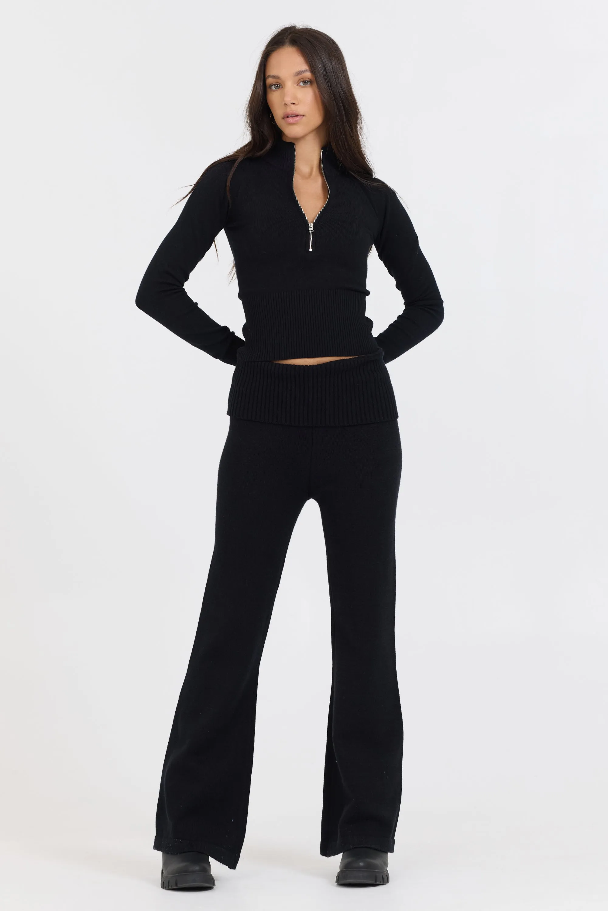 Black Slim Fit Knit Fold Over Flare Pant sold by Vintage Havana product image thumbnail 5