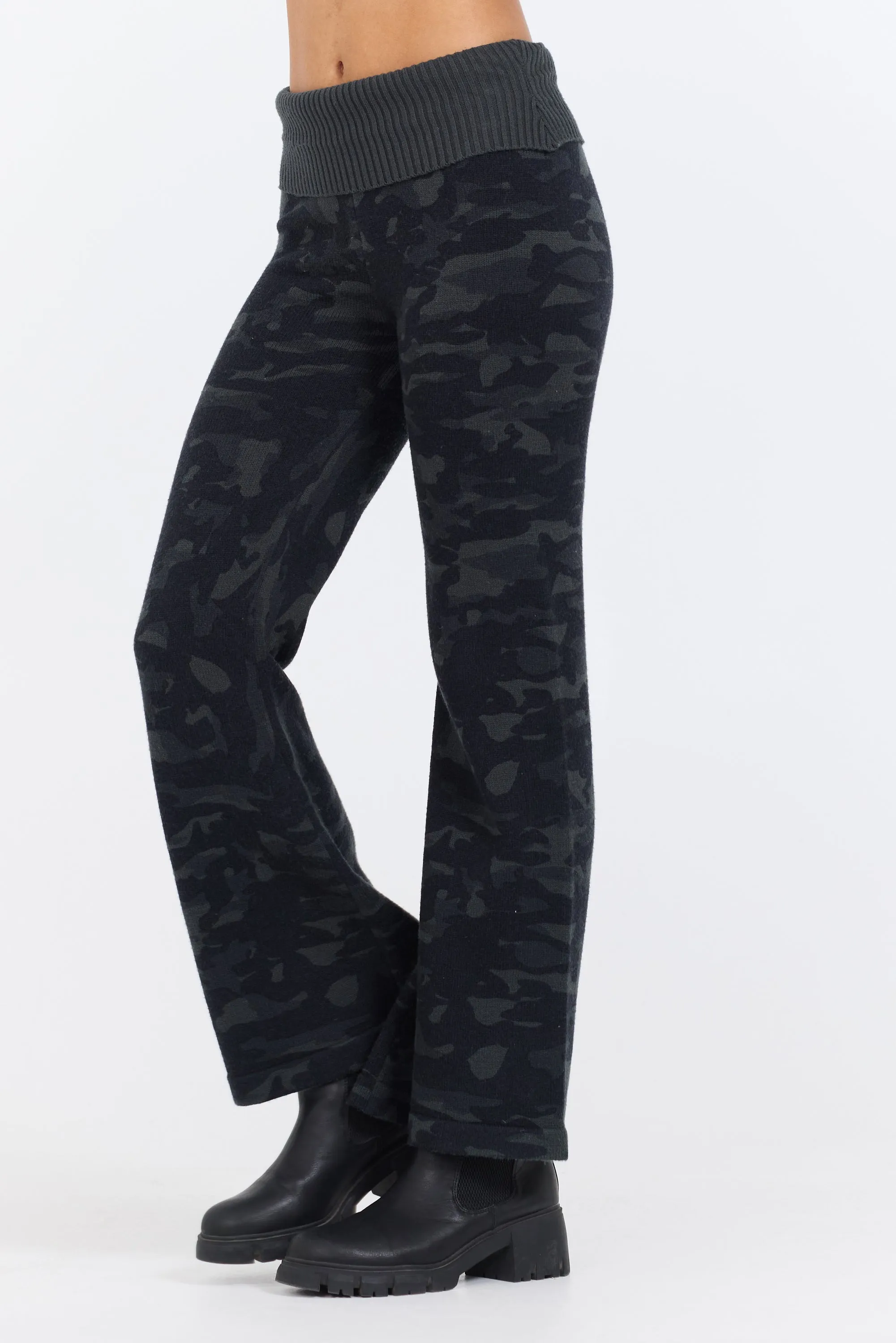 Black Slim Fit Knit Fold Over Flare Pant sold by Vintage Havana product image thumbnail 2