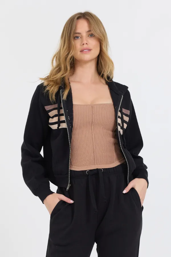 Black w/ Neutral Stripe Burnout Fleece Zip Up sold by Vintage Havana