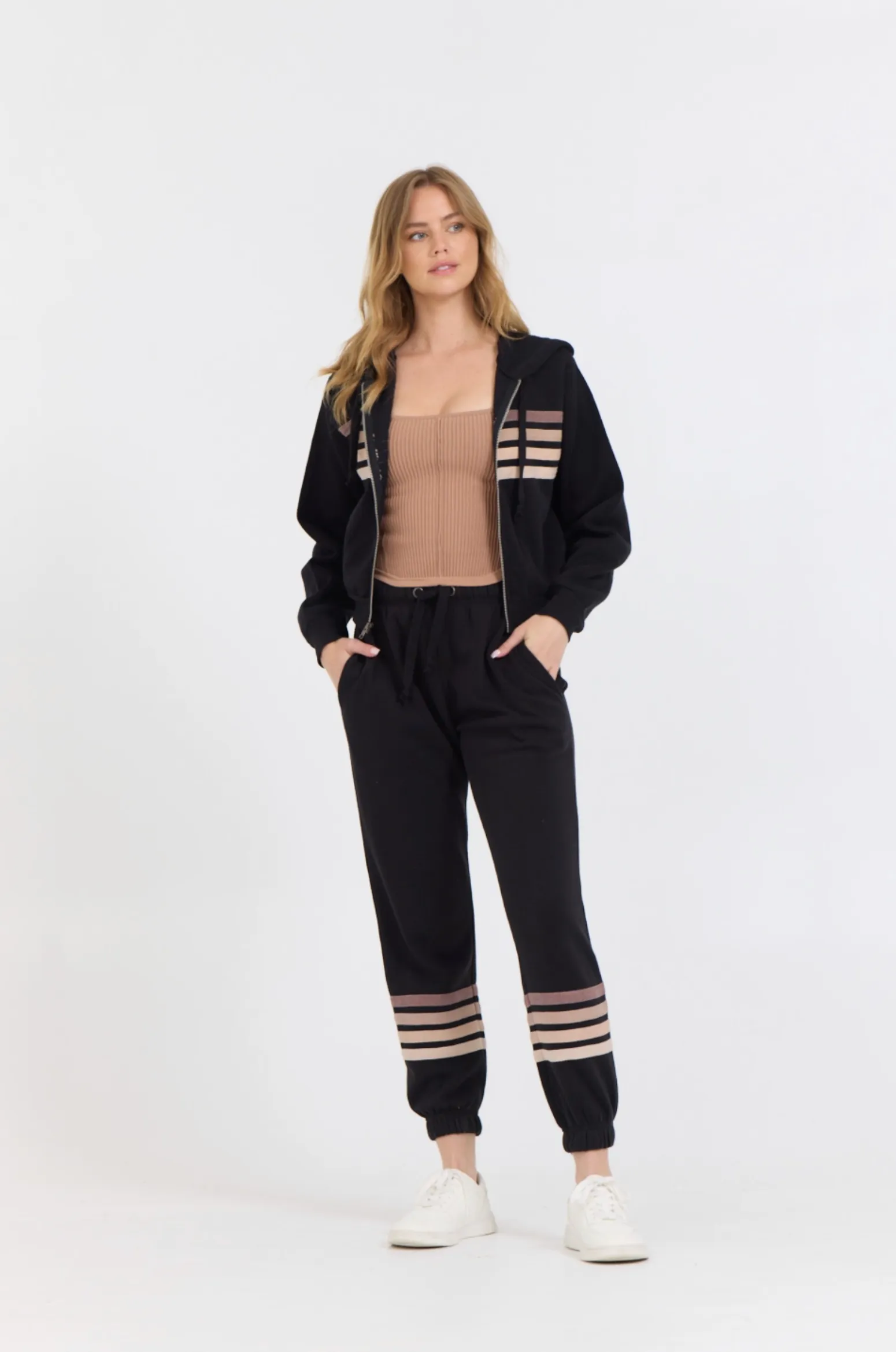 Black w/ Neutral Stripe Burnout Fleece Zip Up sold by Vintage Havana product image thumbnail 2