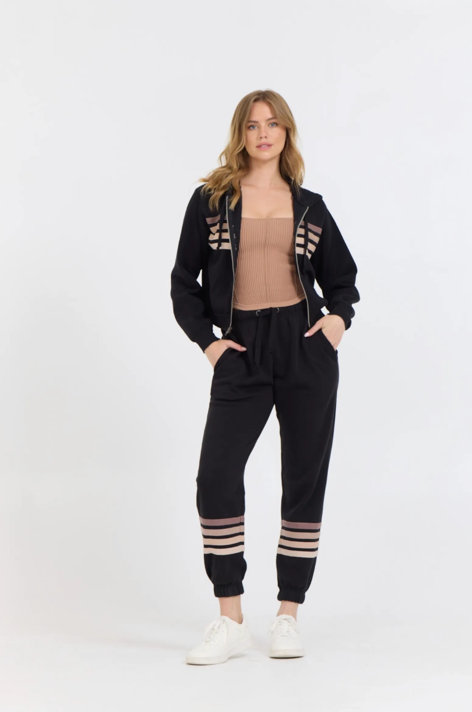 Black w/ Neutral Stripe Burnout Fleece Zip Up sold by Vintage Havana product image thumbnail 3