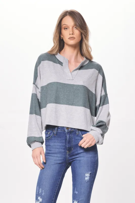 Heather Grey & Hunter Green Striped Rugby Long Sleeve Top sold by Vintage Havana